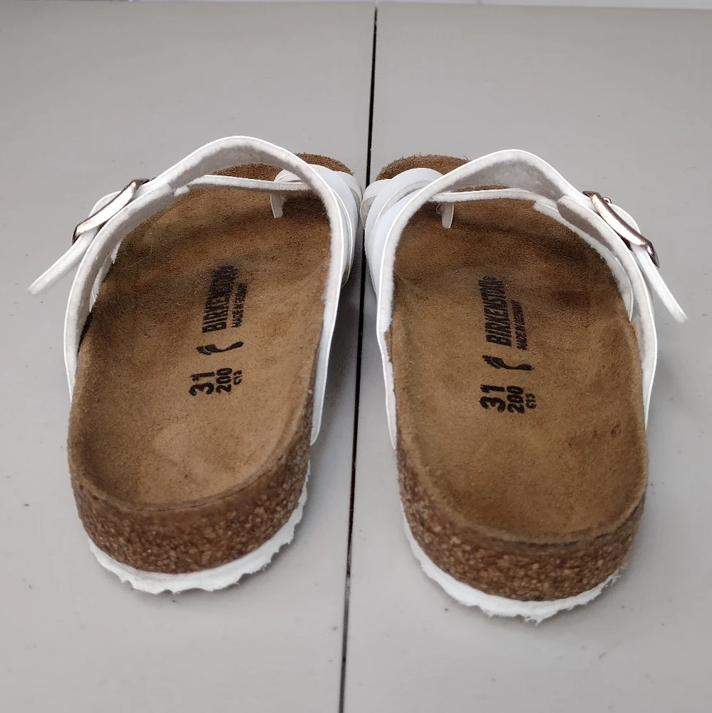 Birkenstock Kids White Two-Strap Cork Footbed Sandals with Rose Gold Buckles